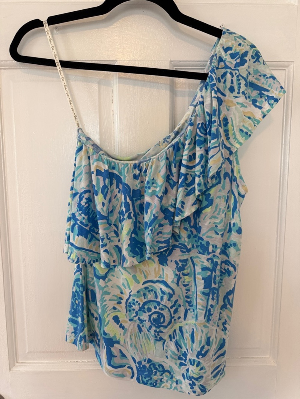 Lilly Pulitzer One-Shoulder Ruffle Top in Blue and White Floral